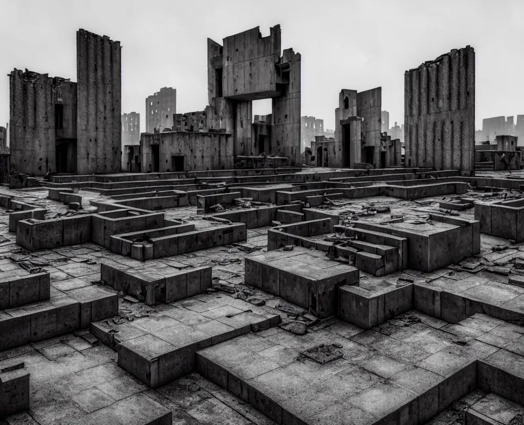 Prompt: wide angle view of a deserted city ruins with brutalism architecture and stone buildings, overcast weather. very detailed, ultra - realistic, 4 k.