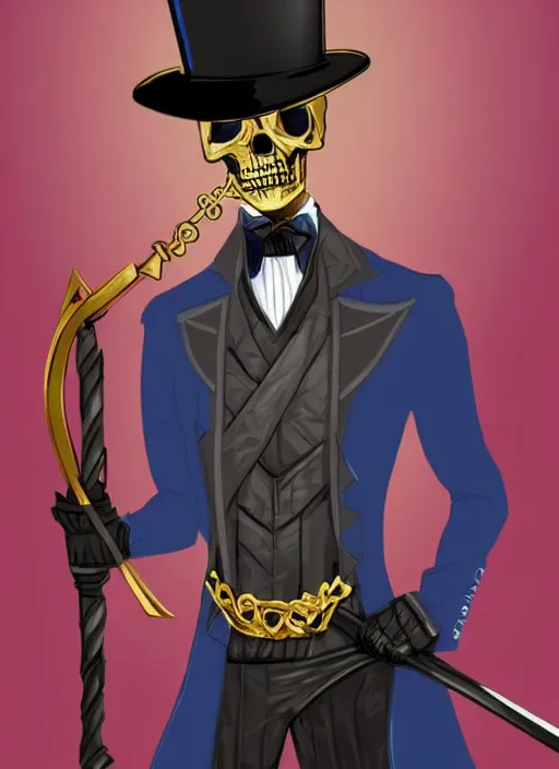 Image similar to DND character art, skeletal male figure, wearing a deep black suit!!! and tie and top hat, holding a gold! cane!, blue flames in background, blue flames