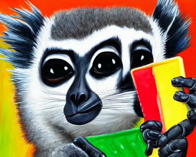 Image similar to a bright happy juxtapoz oil painting of a lemur eating a popsicle