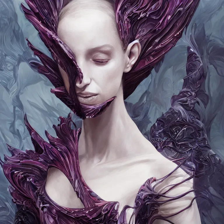 Image similar to beautiful cinematic fantasy character concept of an elegant fierce woman wearing haute couture by iris van herpen and Yohji Yamamoto and Neri Oxmanand Niccolo Casas and anouk wipprecht and behnaz farahi and jessica rosenkrantz and noa raviv and jun kamei , hybrid, by artgerm; wayne reynolds art station; cinematic quality character render; low angle; ultra high quality model; production quality cinema model;