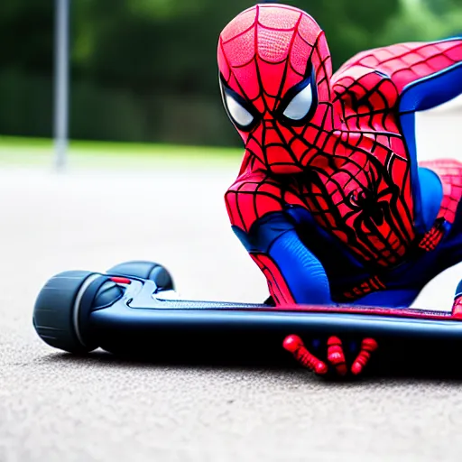 Image similar to spiderman falls off a hoverboard