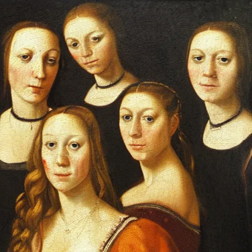Image similar to Renaissance oil painting of a group of creepy young ladies