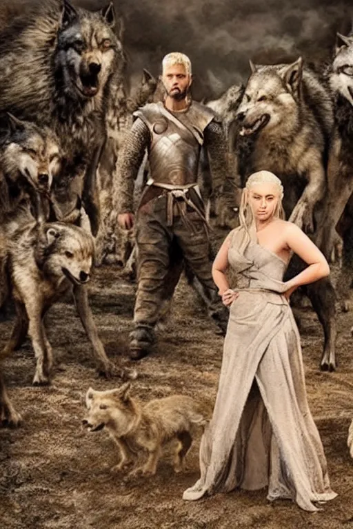 Prompt: khaleesi in an apocalyptic world surrounded by wolves
