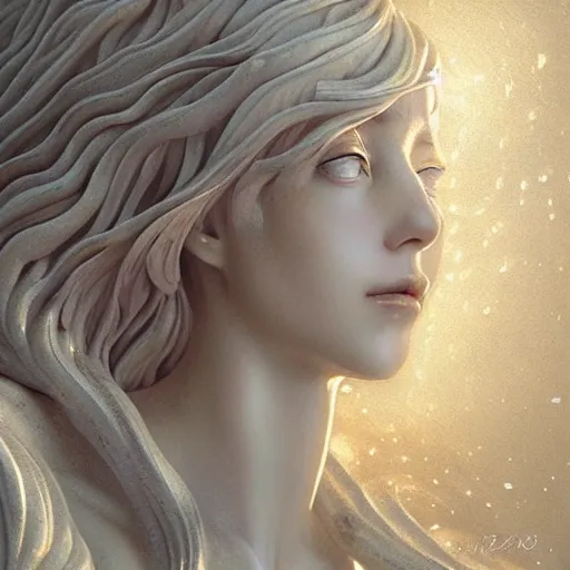 Image similar to “a delicate renaissance marble sculpture covered with water veil, highly detailed transparent marble cloth, beautiful girl with long hair, intricate, highly detailed, digital painting, artstation, official media, anime key visual, concept art, rich vivid colors, ambient lighting, sharp focus, illustration, art by Artgerm, Makoto Shinkai, Ilya Kuvshinov, Lois Van Baarle, and Rossdraws, gi, global illumination, physically based rendering, photorealistic, top light , dark background”