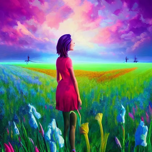 Image similar to giant gladiola flower as head, full body girl standing in a flower field, surreal photography, sunrise, dramatic light, impressionist painting, colorful clouds, digital painting, artstation, simon stalenhag