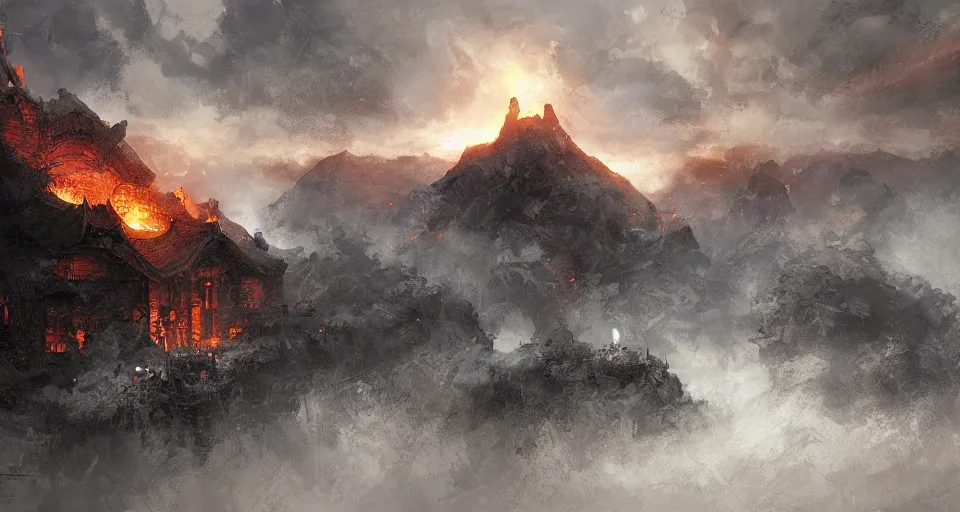 Image similar to craig mullins and ghibli digital art of a bigunreal hell door with fire in the sky in china ， black night sky, stars, below is the crowd, rivers, villages ， unreal engine, hyper realism, realistic shading, cinematic composition, realistic render, octane render, detailed textures, photorealistic, wide shot