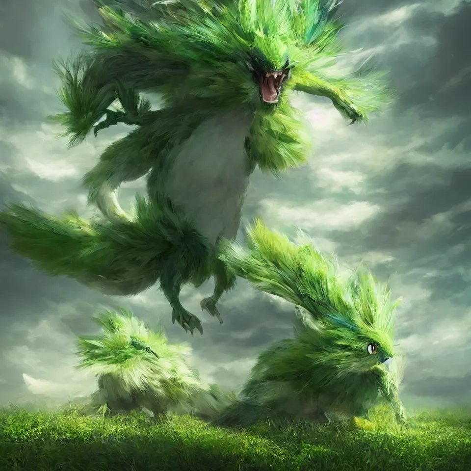 Image similar to a cute beautiful earth type pokemon, green feathers bursting out of his hair, full body shot, highly detailed digital art, 3 d perspective, award - winning illustration, aesthetic, smooth, pokemon style, made by greg rutkowski, with an alien landscape in the background