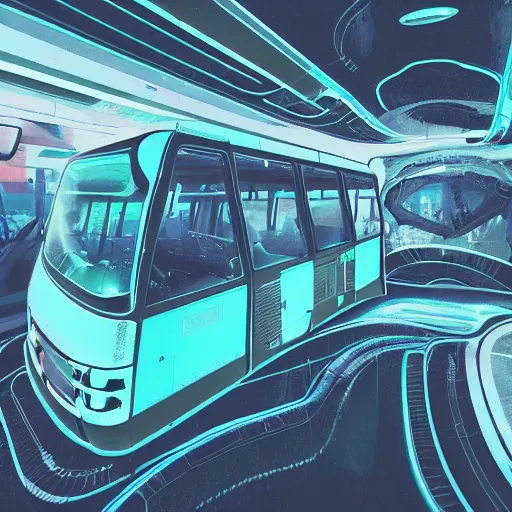 Image similar to an interdimensional travelling bus, cyberpunk aesthetic, abstract, highly - detailed