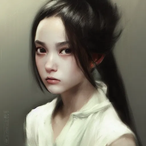 Prompt: a cute girl by ruan jia, closeup headshot, black ponytail, movie style.