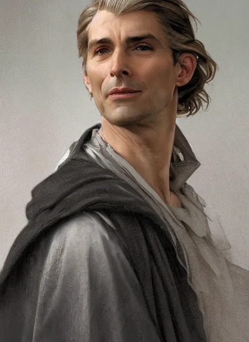 Prompt: a clean shaven man aged 4 0 with tousled blonde hair and hazel eyes and a friendly expression. he is handsome and wearing a grey cloak. head and shoulders portrait painting by artgerm and greg rutkowski and alphonse mucha.