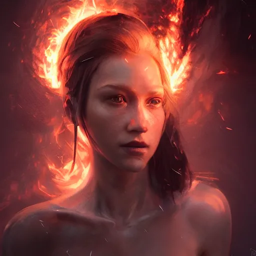 Prompt: photo realistic image of fire elemental, stunning 3 d render inspired art by istvan sandorfi and greg rutkowski, perfect facial symmetry, realistic, highly detailed attributes and atmosphere, dim volumetric cinematic lighting,