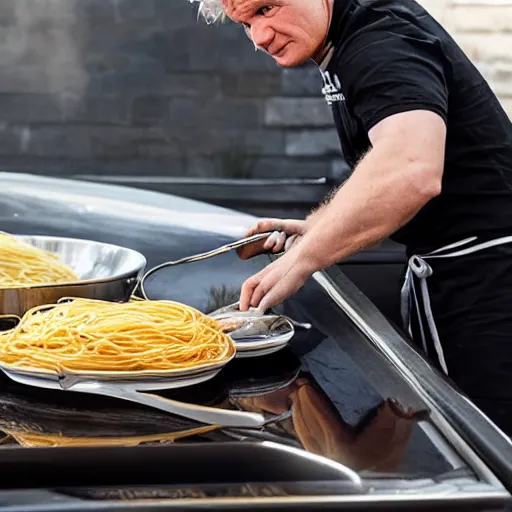 Image similar to <photo hd>Gordon Ramsey cooking spaghetti on the hood of his car</photo>