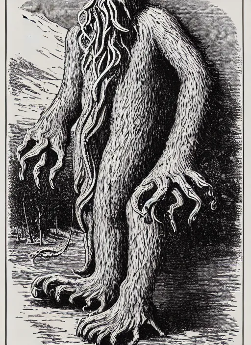 Image similar to illustration of the child of bigfoot and cthulu logging company logo, etching by louis le breton, 1 8 6 9, 1 2 0 0 dpi scan, ultrasharp detail, clean scan