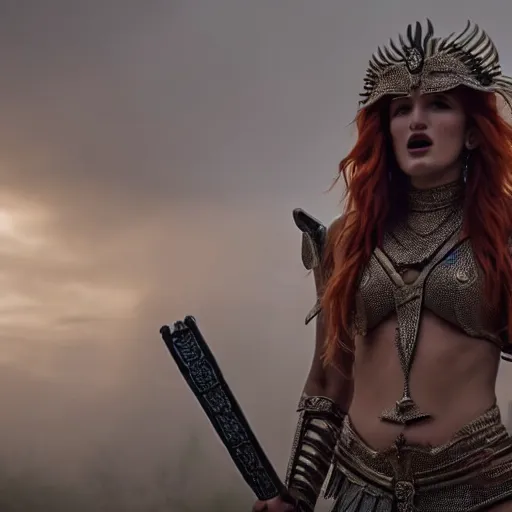 Image similar to bella thorne as the powerful goddess of war in her throne, ground mist, cinematic