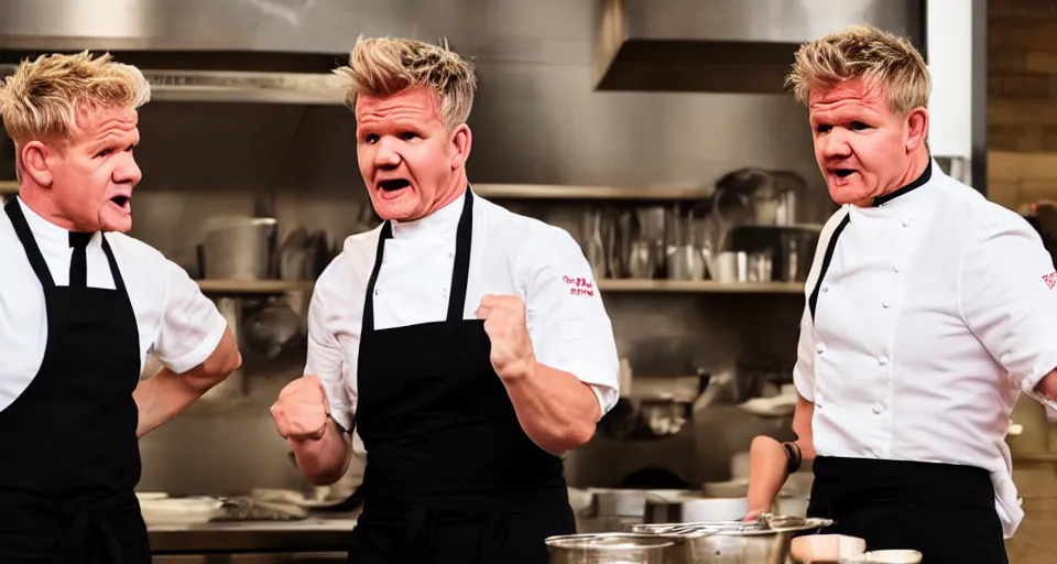 Image similar to photo of angry furious Gordon Ramsay punching Gordon Ramsay at the kitchen