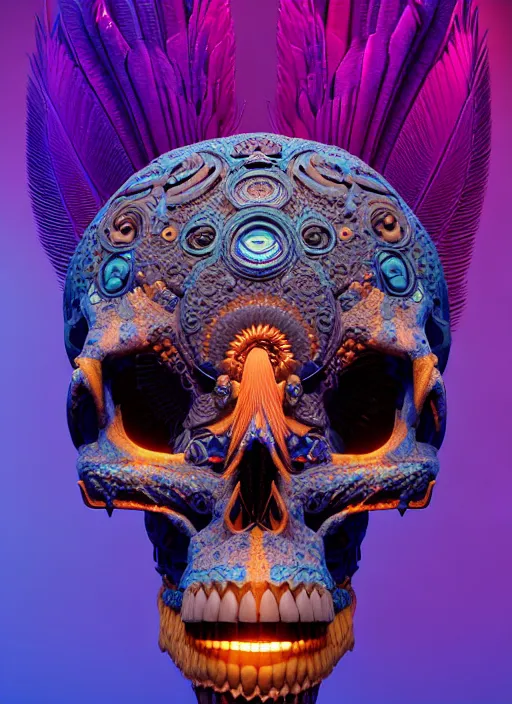 Image similar to 3 d goddess face portrait, sigma 5 0 0 mm f / 5. beautiful intricate highly detailed quetzalcoatl skull and feathers. bioluminescent, plasma, lava, ice, water, wind, creature, thunderstorm! artwork by tooth wu and wlop and beeple and greg rutkowski, 8 k trending on artstation,