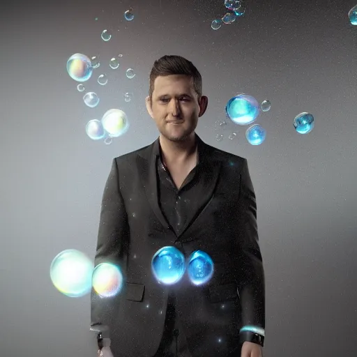 Image similar to hyperrealistic dslr film still of michael buble disguised a bubbles, stunning 8 k octane comprehensive 3 d render, inspired by istvan sandorfi & greg rutkowski & unreal engine, perfect symmetry, dim volumetric cinematic lighting, extremely hyper - detailed, incredibly real lifelike attributes & flesh texture, intricate, masterpiece, artstation, stunning