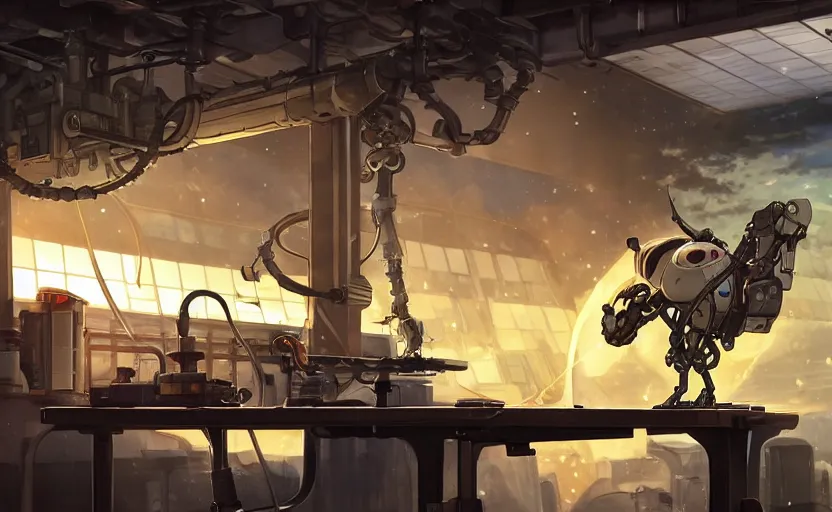 Image similar to an anime mechanical robot cat sleeping on a mechanics workbench in a spaceport in dieselpunk ghibli animated film, volumetric lighting, octane render by stanley artgerm, greg rutkowski, studio ghibli, alphonse mucha, norman rockwel, highly detailed, warm lighting, lens flare