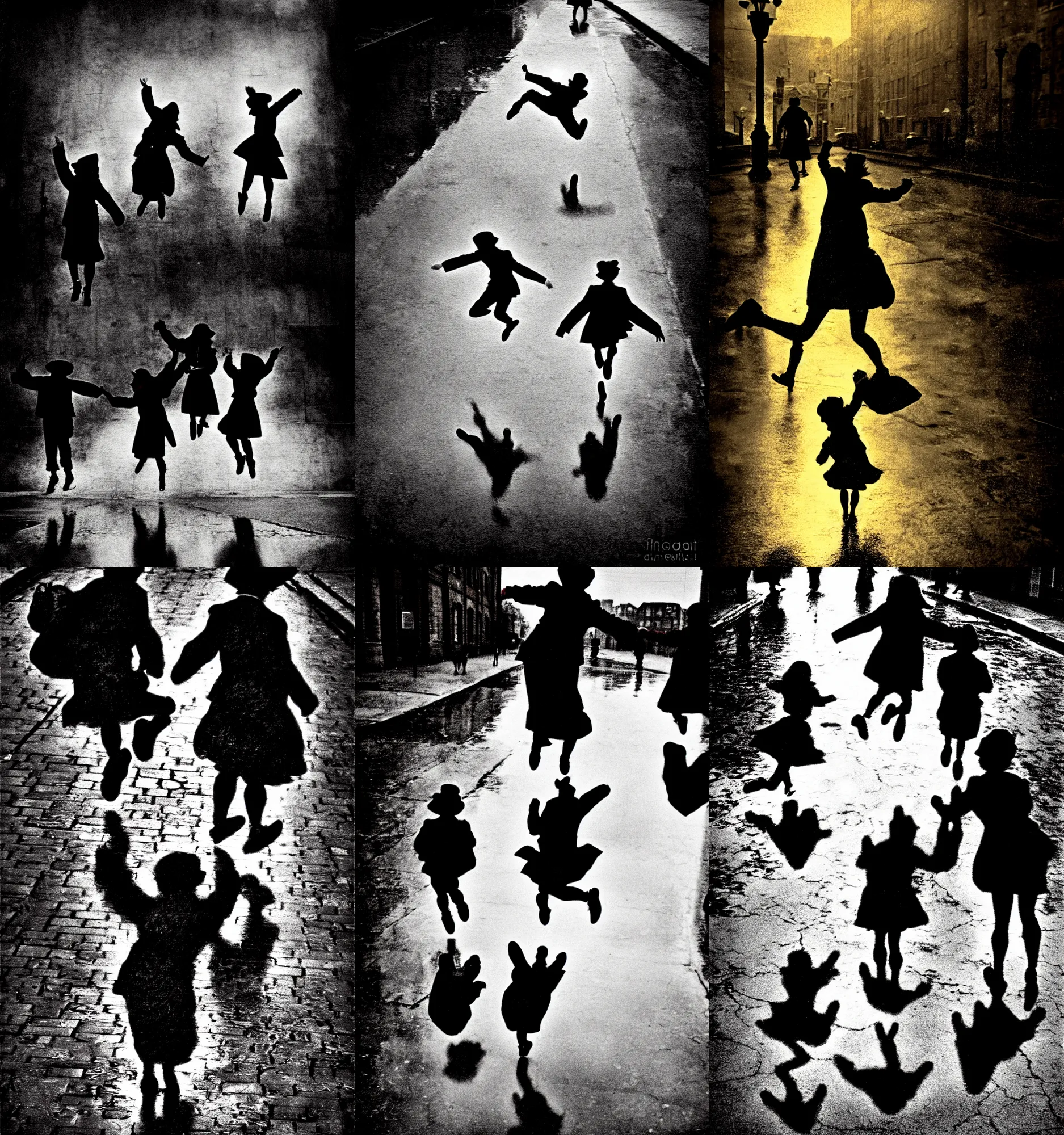 Prompt: street puddle jumping in the 1 9 4 0 s, digital art, cinematic, happy, good, rembrandt lighting