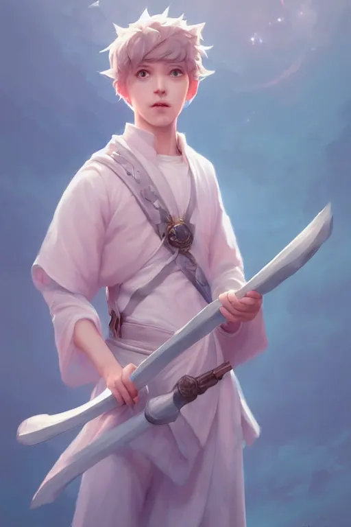 Image similar to portrait of a cute white mage boy with a staff in mage armor, soft, pink and blue, by tom bagshaw and atey ghailan and artgerm and and greg rutkowski, hyper realistic, octane render, trending on artstation