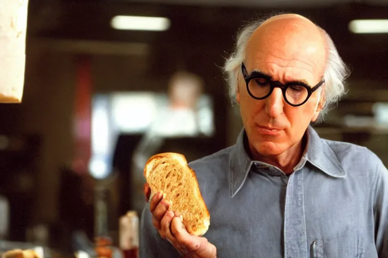 Image similar to larry david eating a sandwich, horror film still, dark atmosphere, found footage, nightmare, unsettling, cinematic