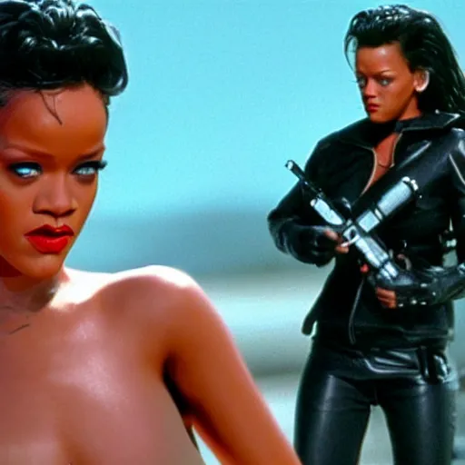 Prompt: rihanna as the t 1 0 0 0 in terminator 2 : judgment day ( 1 9 9 1 ), 8 k wide shot