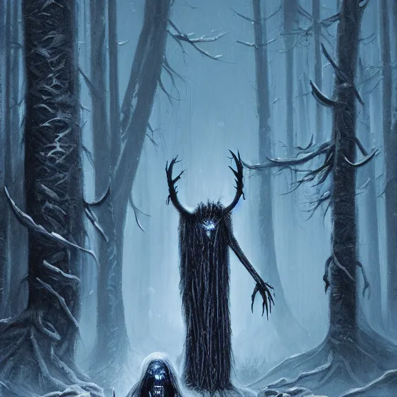 Image similar to cloaked humanoid wendigo feasting, nighttime located in a snowy dark forest, lurking horror, distant shot, dungeons and dragons, magic the gathering, forboding, high detail, oil painting, style of seb mckinnon