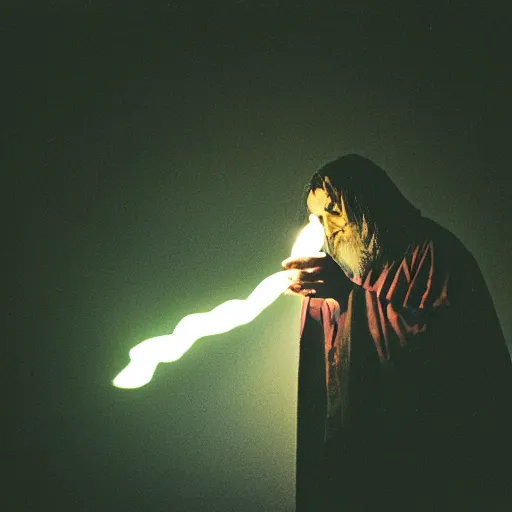 Image similar to portrait of an evil sorcerer performing a malevolent incantation, ominous dramatic low light, gritty high contrast, kodak portra 8 0 0, f 1. 8 8 5 mm zeiss lens