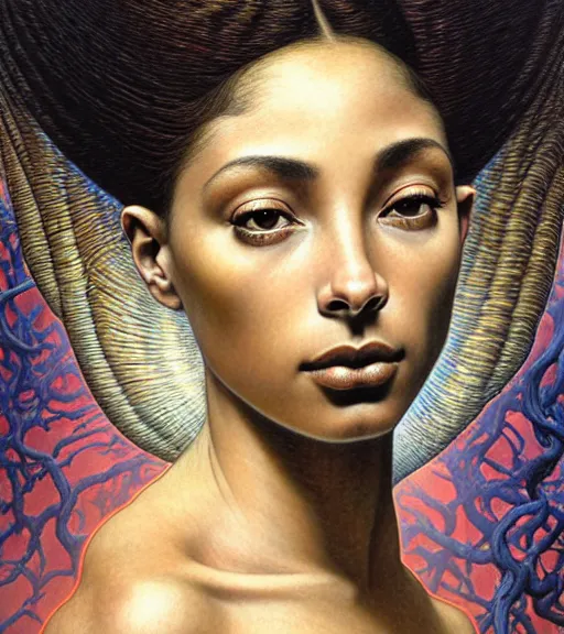 Prompt: detailed realistic beautiful young sade adu face portrait by jean delville, gustave dore and marco mazzoni, art nouveau, symbolist, visionary, baroque, intricate. horizontal symmetry by zdzisław beksinski, iris van herpen, raymond swanland and alphonse mucha. highly detailed, hyper - real, beautiful