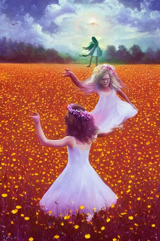 Image similar to giant white daisy flower crown, girl dancing in a flower field, surreal photography, sunrise, dramatic light, impressionist painting, colorful clouds, digital painting, artstation, simon stalenhag