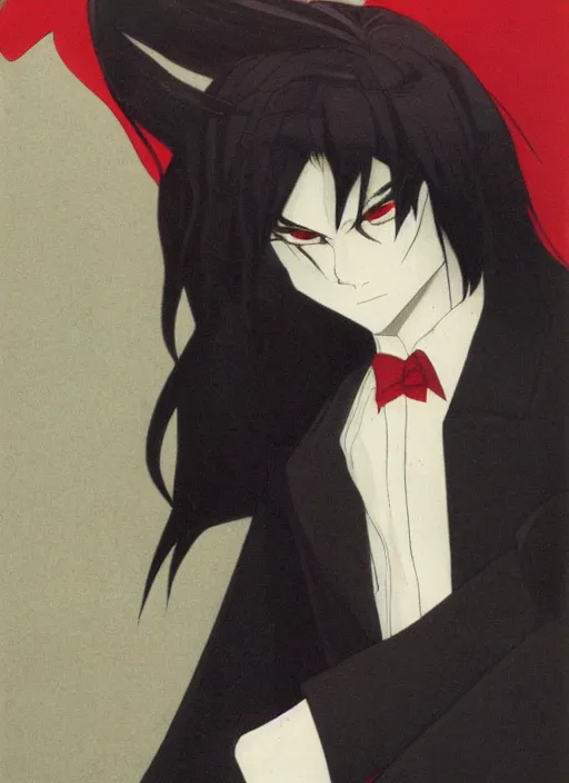 Image similar to portrait by studio gainax, handsome male vampire, focus on face, long black hair, dark blue shirt, light brown coat, red - eyes,