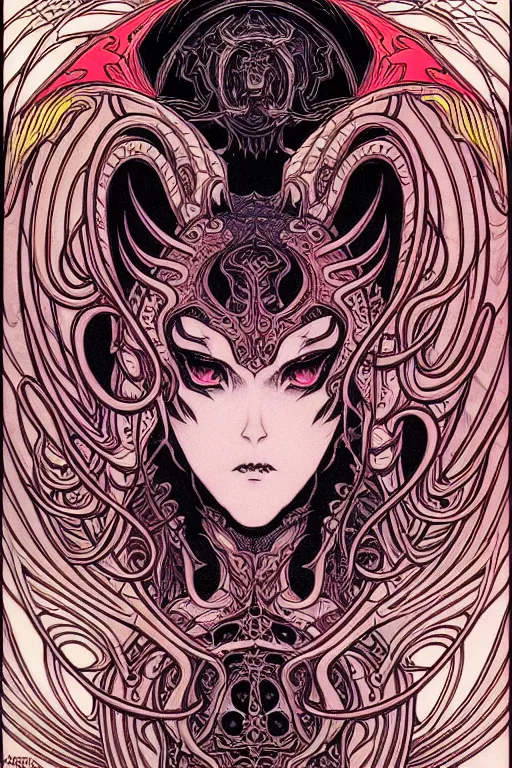 Prompt: demon, occult design with ornate pattern background, intricate linework, in the style of moebius, ayami kojima, 9 0's anime, retro fantasy