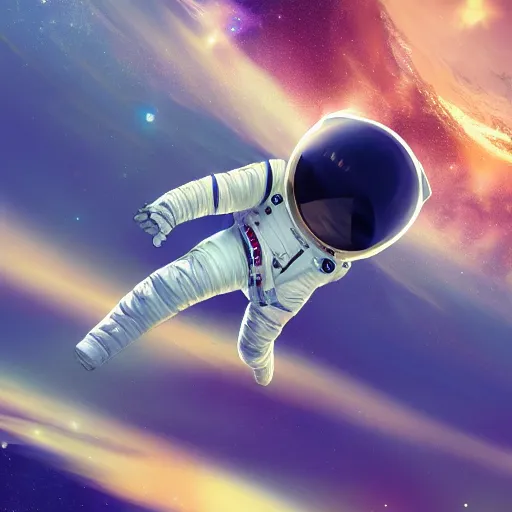 Prompt: astronaut gliding through space with an umbrella, long shot from the back, digital art, trending on artstation