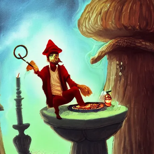 Prompt: Absylum , sitting on top of his toadstool , smoking from a hookah, in the style of Anato Finnstark