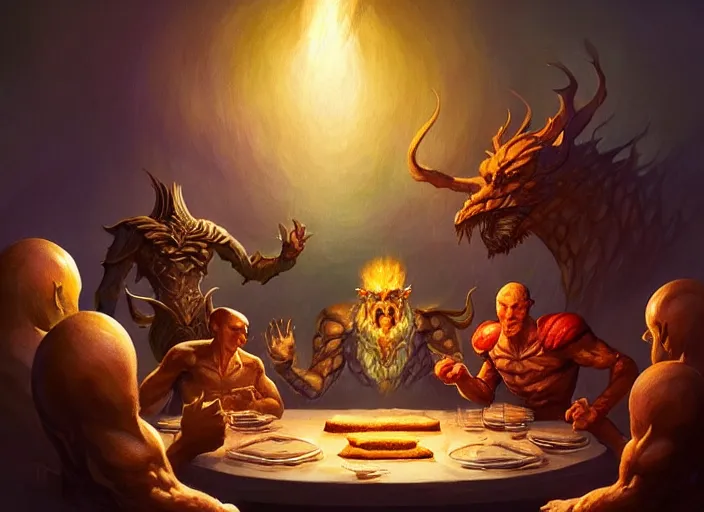 Image similar to a giant magical piece of toast at the head of the dinner table, all the dinner guests looking toward the toast, by marco bucci and frank frazetta, magic : the gathering fantasy concept art, high resolution, fantasy coloring, intricate, digital painting, artstation, smooth, sharp focus