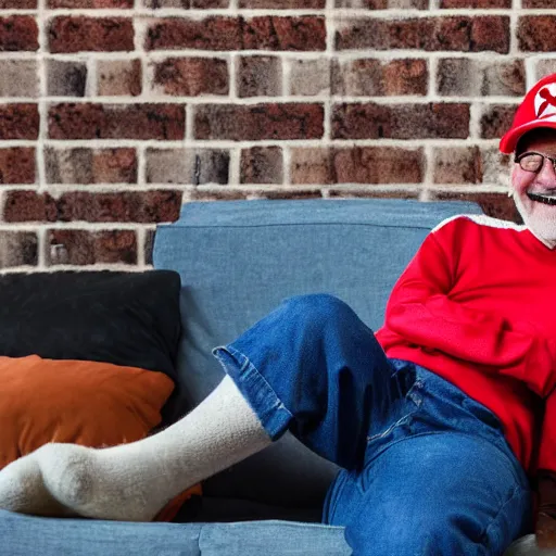 Prompt: Portrait Photo of old Super Mario smiling into the camera wearing his red cap, gray hair, smiling softly, super mario bros, realistic, 4k/8, real, photoshooting, relaxing on a modern couch, interior lighting, cozy living room background, medium shot, mid-shot, soft focus, professional photography, Portra 400