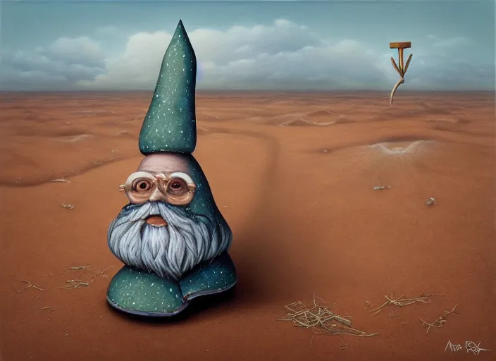 Image similar to a discarded half - buried garden gnome in a vast barren desert, an ultrafine detailed painting by mark ryden, trending on deviantart, pop surrealism, whimsical, lowbrow, perfect symmetrical face