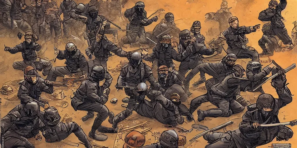 Image similar to keystone cops vs. Ninjas. Epic painting by James Gurney and Laurie Greasley.