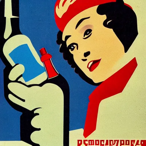 Image similar to a woman in a parka drinking a bottle of coke in an icy landscape, constructivist, russian, soviet advertisement, 1 9 5 0's