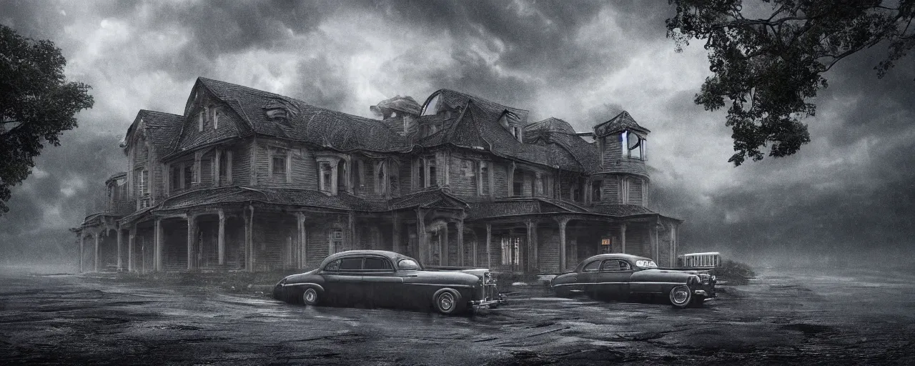 Prompt: Lovecraft Country, ultra detailed haunted house, ultra detailed storm clouds, dense rain, establishing atmospheric shot, octane renderer, unreal engine, F11 aperture, night, volumetric fog, detailed lighting and thunder, stormy weather, ultra detailed rain drops, reflections, film grain, single ultra detailed grey 1948 Packard Station Sedan parked in the street,