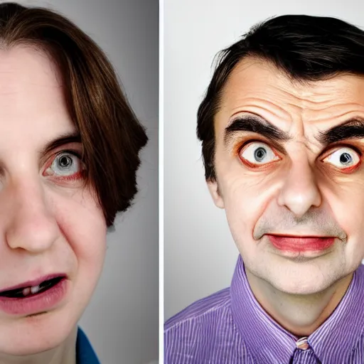 Image similar to A portrait mr bean elizabeth teams up with a teenage mr bean, perfect faces, 50 mm, award winning photography