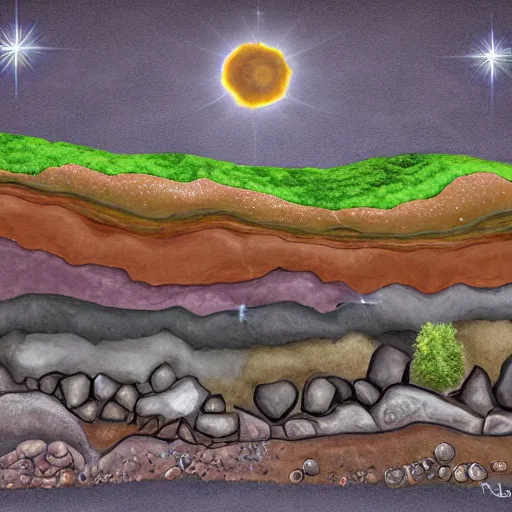 Image similar to a side profile of earth soil and rock layers, with hidden bones, gems and treasures, digital painting