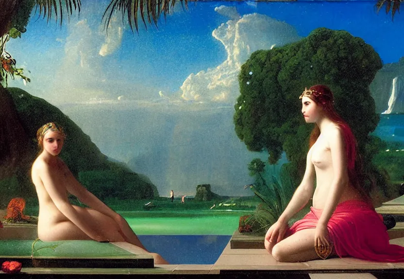 Image similar to Girl at the palace, refracted sparkles, thunderstorm, greek pool, beach and Tropical vegetation on the background major arcana sky, by paul delaroche, hyperrealistic 4k uhd, award-winning, very very very detailed