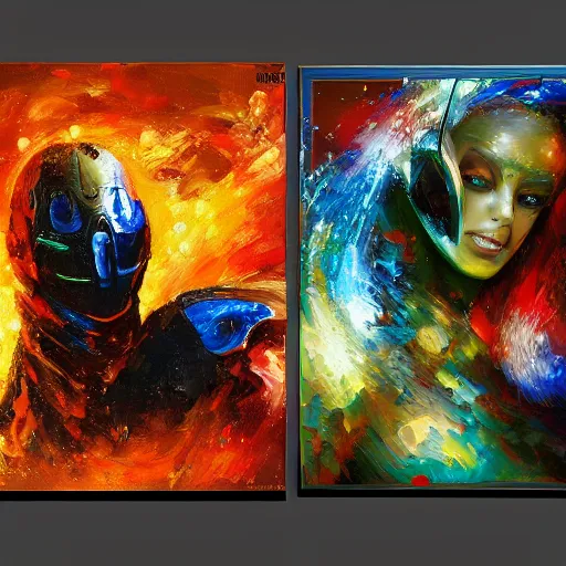 Image similar to two Artificial Intelligence fighting for creating the most impressive art painting on a canvas, colourful, brushes, oil painting, digital art, trending on artstation