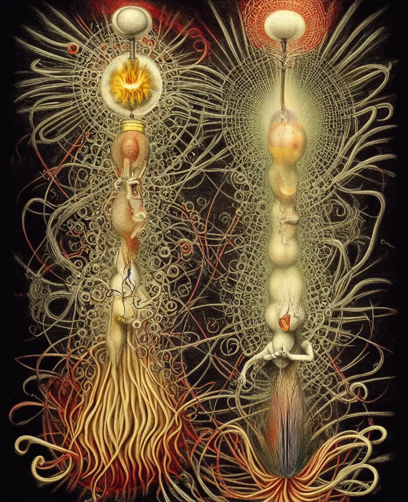 Image similar to whimsical freaky creature sings a unique canto about'as above so below'being ignited by the spirit of haeckel and robert fludd, breakthrough is iminent, glory be to the magic within, painted by ronny khalil