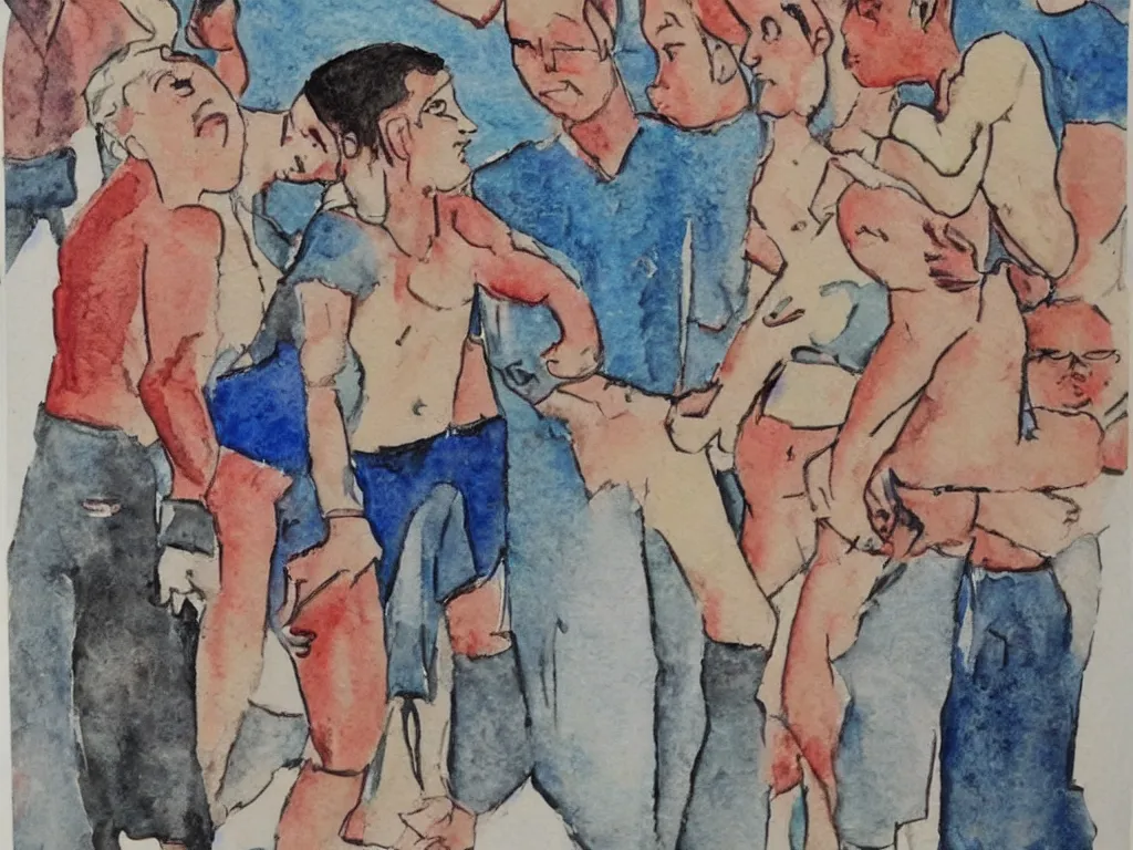 Prompt: tom of finland outsider art children's illustration watercolor painting