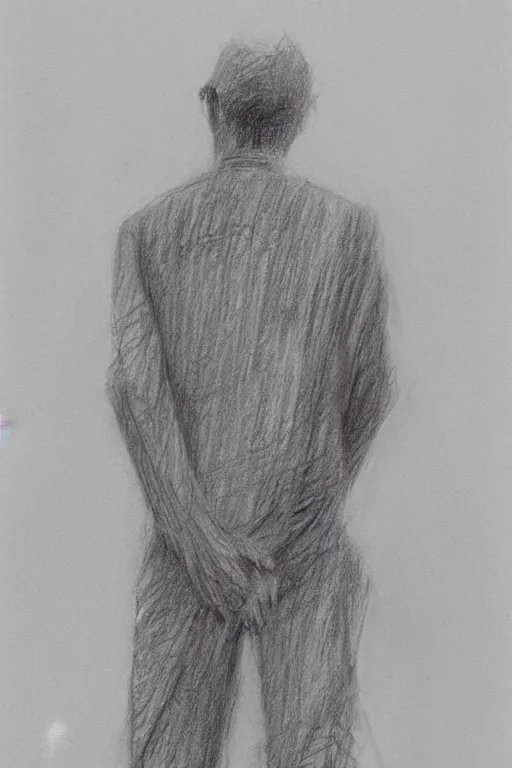 Image similar to a drawn man standing in the rain. pencil sketch.