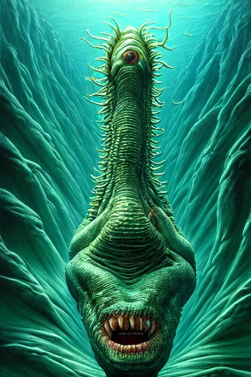 Image similar to hyperrealistic close-up surrealism underwater creature monster!! highly detailed concept art eric zener elson peter cinematic hard green lighting high angle hd 8k sharp shallow depth of field, inspired by David Paul Cronenberg and Zdzisław Beksiński