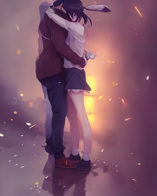 Image similar to a man hugging an anime bunny, medium shot, visible face, detailed face, perfectly shaded, atmospheric lighting, by makoto shinkai, stanley artgerm lau, wlop, rossdraws