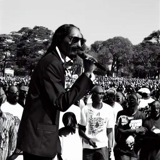 Image similar to vintage photograph of Snoop Dogg speaking at the Million Man March, Sigma 40mm, portrait, black and white